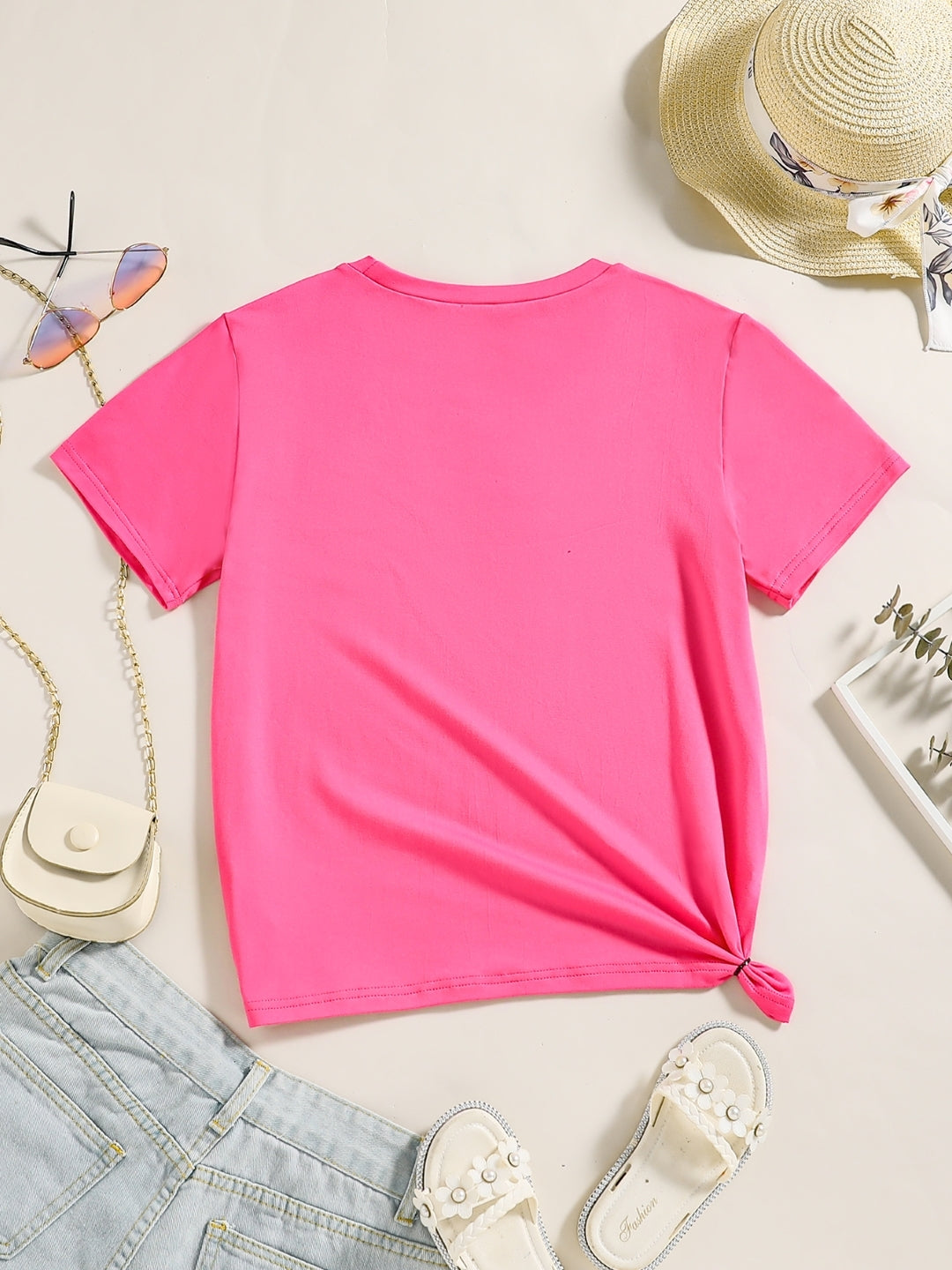 Pink Round Neck Graphics Printed Short Sleeves Polyester T-Shirt