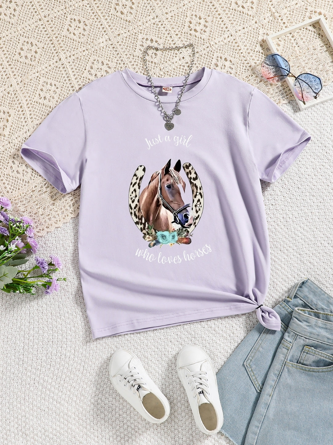 Purple Round Neck Graphics Printed Short Sleeves Polyester T-Shirt