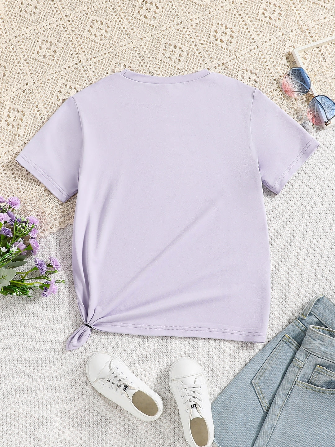 Purple Round Neck Graphics Printed Short Sleeves Polyester T-Shirt