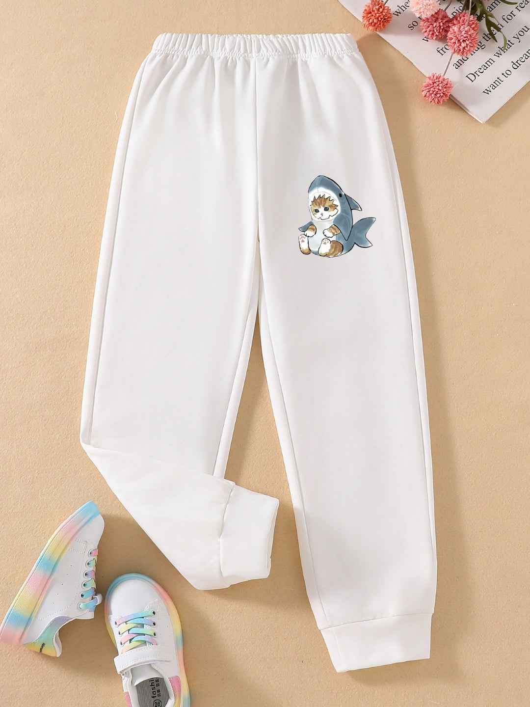 White Printed Regular Fit Polyester Trouser