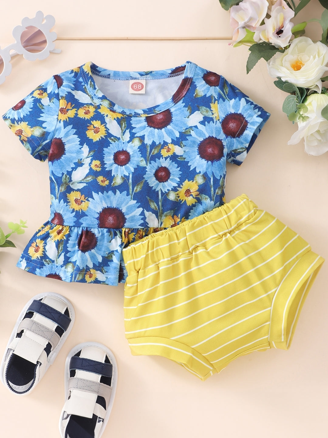 Blue Round Neck Printed Short Sleeves Top & Shorts Set