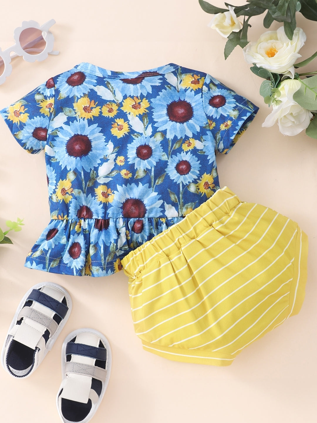 Blue Round Neck Printed Short Sleeves Top & Shorts Set