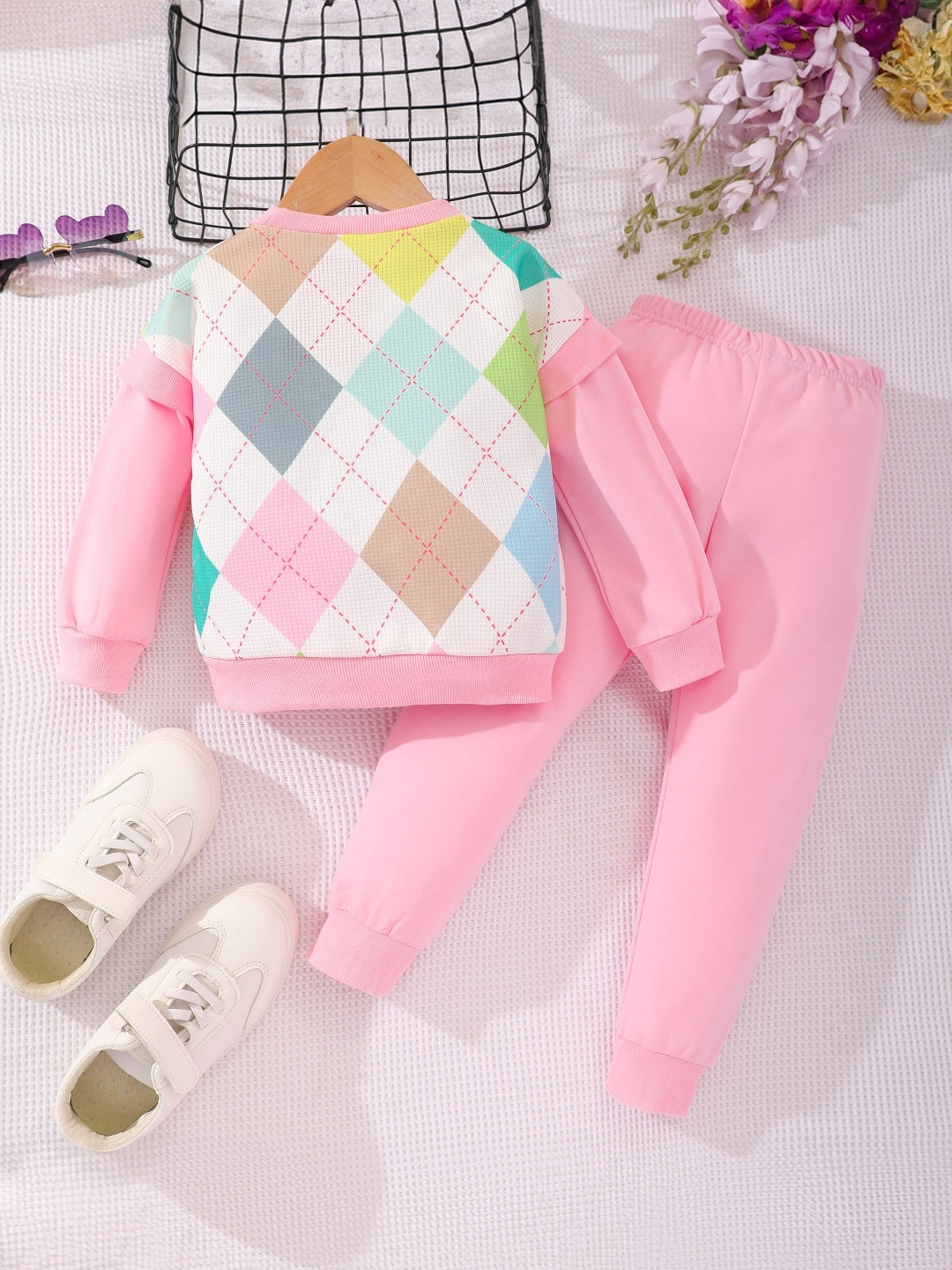 Pink Round Neck Printed Long Sleeves Polyester Sweatshirt & Trouser Set