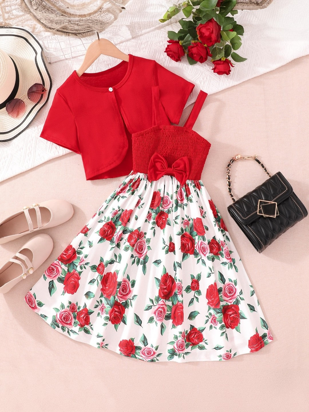 Red Round Neck Printed Short Sleeves Polyester Dress & Jacket Set