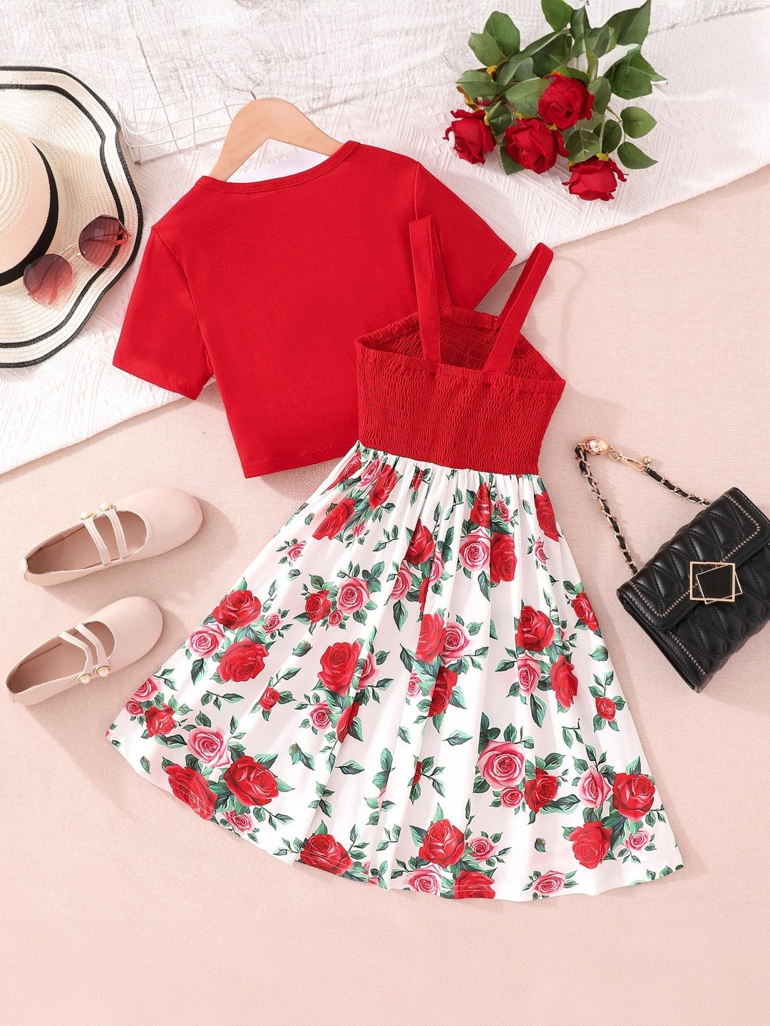 Red Round Neck Printed Short Sleeves Polyester Dress & Jacket Set