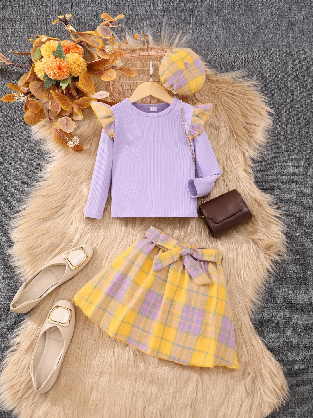 Purple Round Neck Printed Long Sleeves Above Knee Polyester Dress