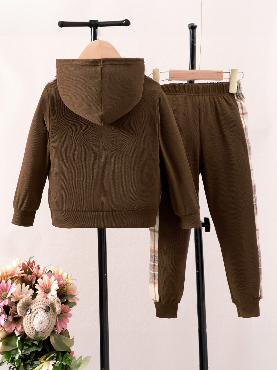 Brown Hood Neck Printed Long Sleeves Polyester Hoodie & Trouser Set