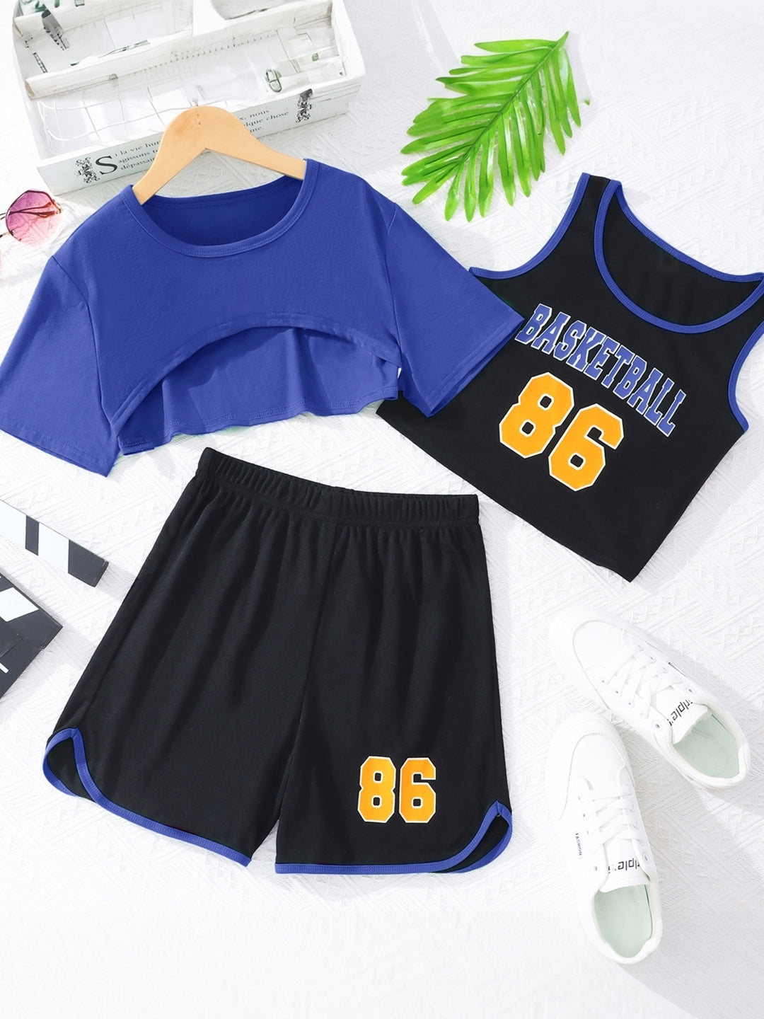 Navy Blue Round Neck Printed Short Sleeves Polyester Top & Shorts Set