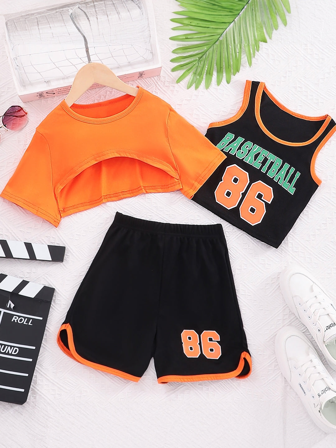 Orange Round Neck Printed Short Sleeves Polyester Top & Shorts Set