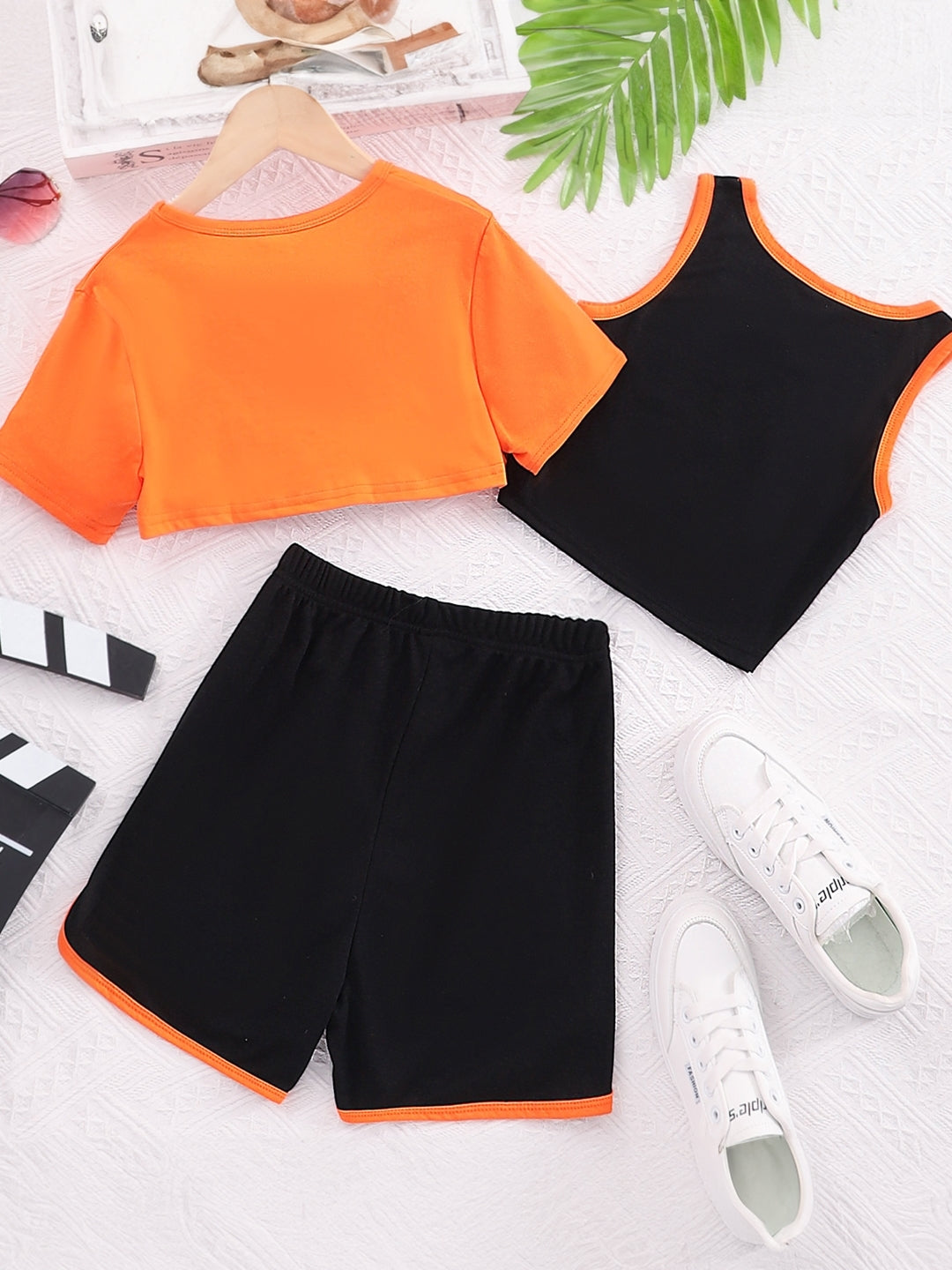 Orange Round Neck Printed Short Sleeves Polyester Top & Shorts Set