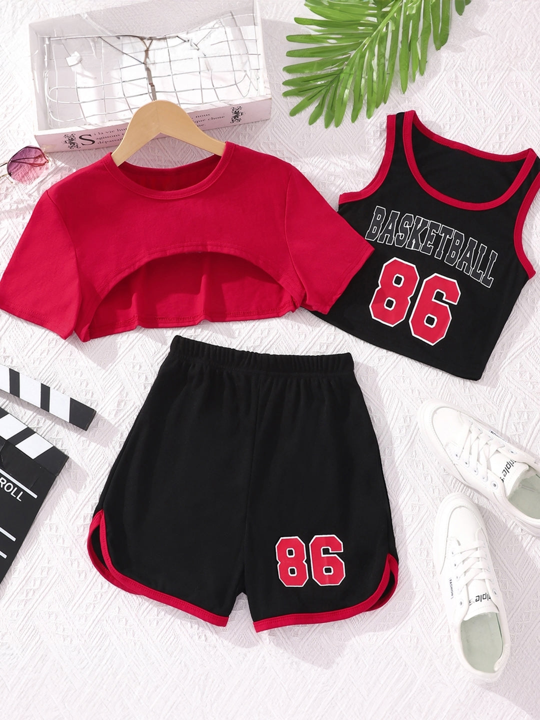 Red Round Neck Printed Short Sleeves Polyester Top & Shorts Set