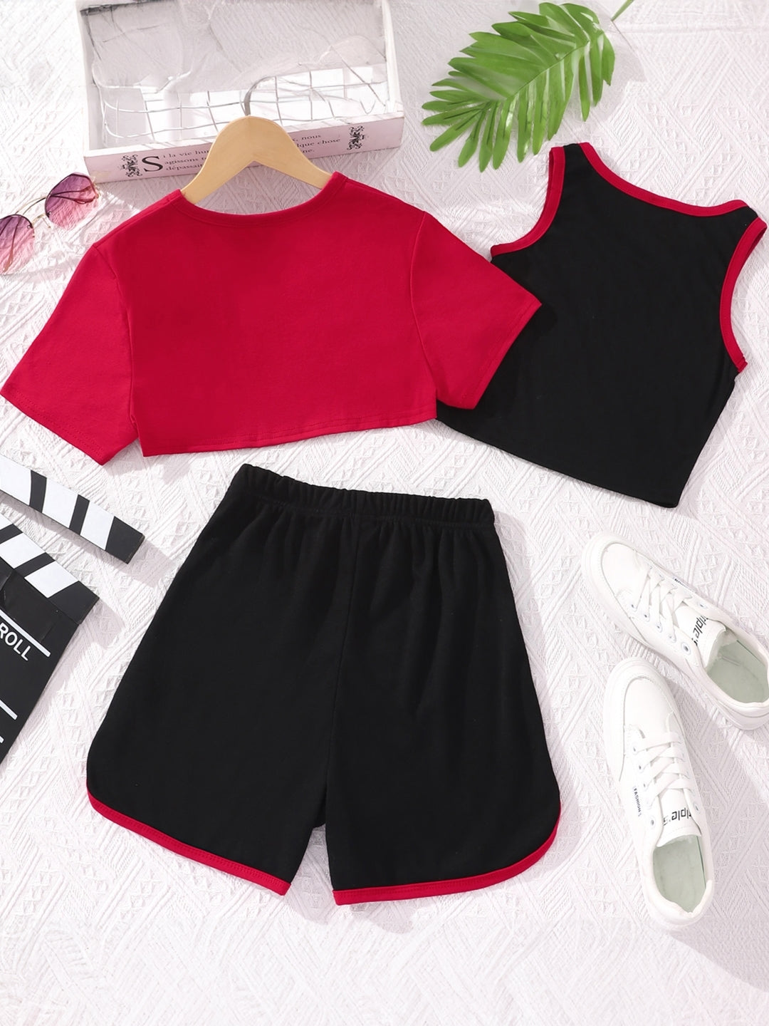 Red Round Neck Printed Short Sleeves Polyester Top & Shorts Set