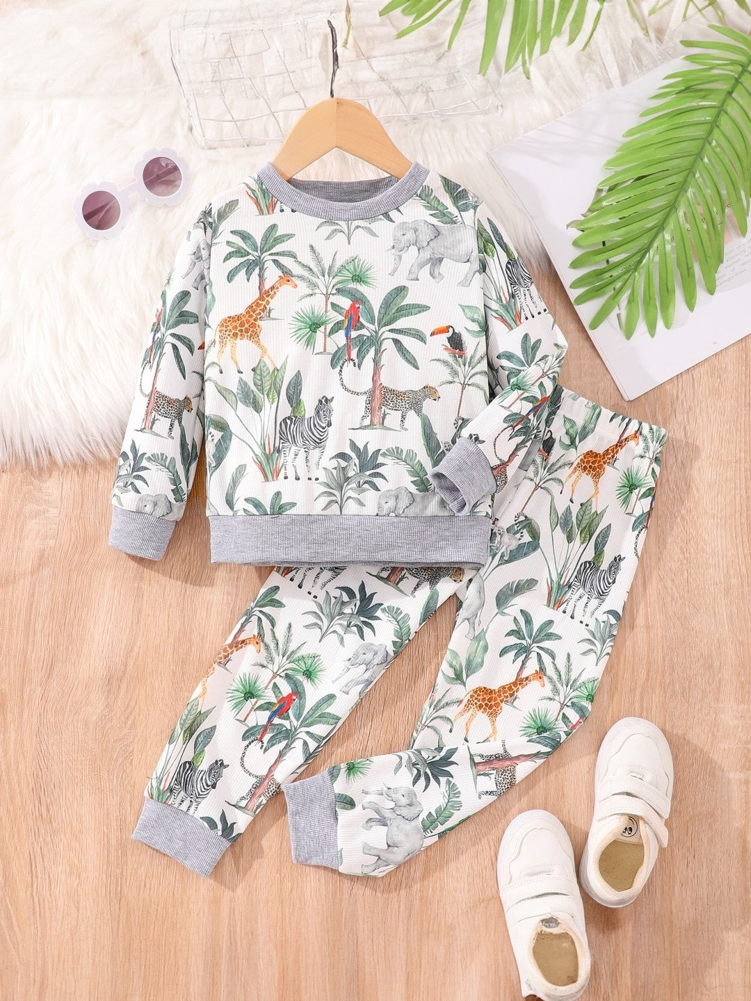 Grey Round Neck Printed Long Sleeves Polyester Sweatshirt & Trouser Set