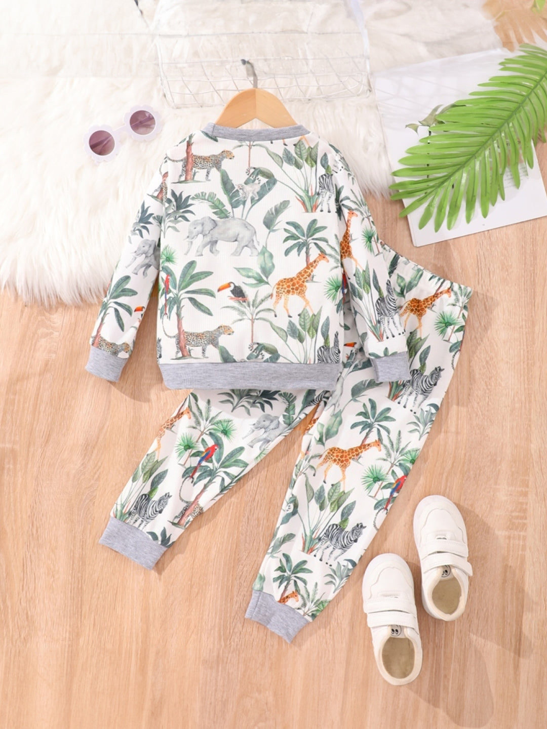 Grey Round Neck Printed Long Sleeves Polyester Sweatshirt & Trouser Set