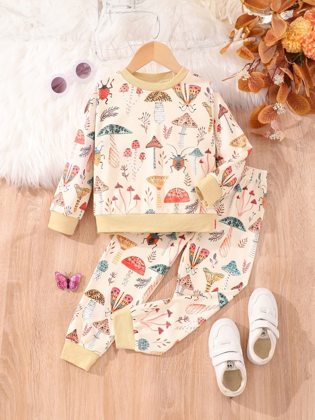 Yellow Round Neck Printed Long Sleeves Polyester Sweatshirt & Trouser Set