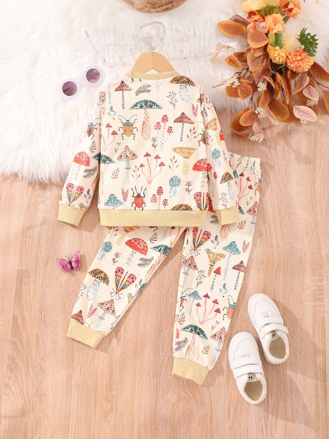 Yellow Round Neck Printed Long Sleeves Polyester Sweatshirt & Trouser Set