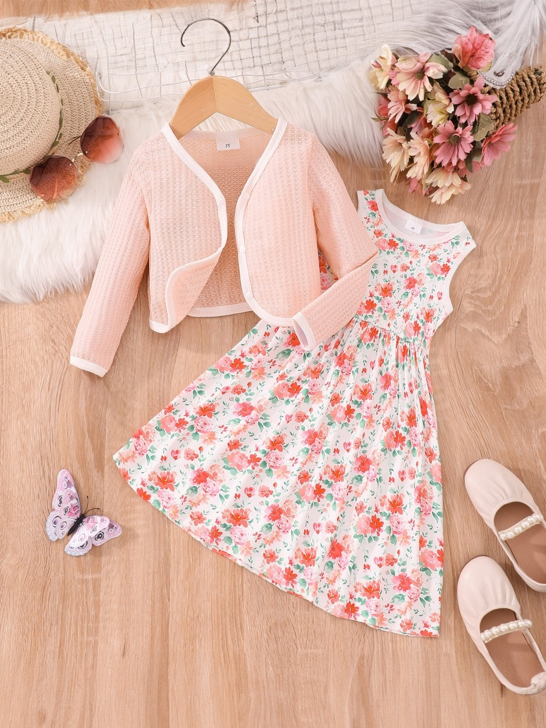 Pink Round Neck Printed Long Sleeves Polyester Dress & Jacket Set