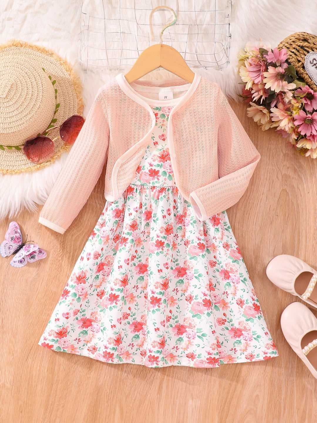 Pink Round Neck Printed Long Sleeves Polyester Dress & Jacket Set