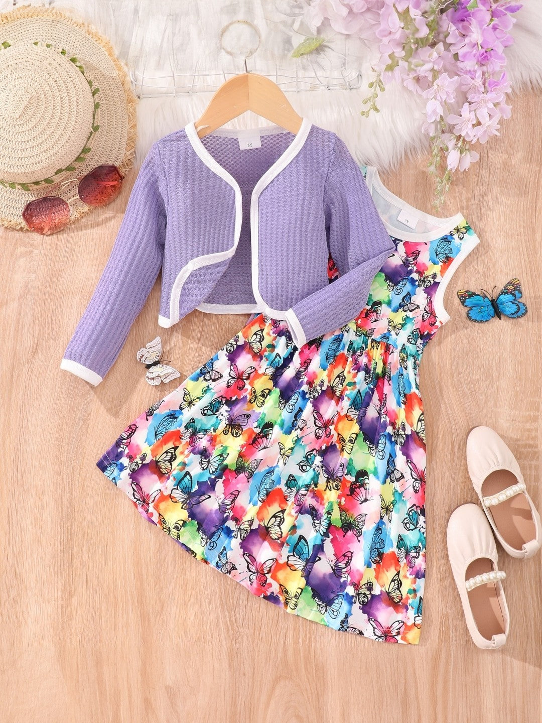 Purple Round Neck Printed Long Sleeves Polyester Dress & Jacket Set