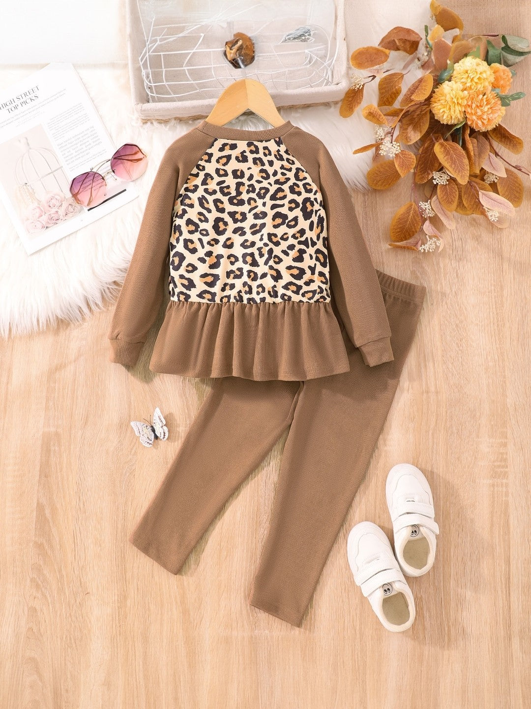 Brown Round Neck Printed Long Sleeves Polyester Top & Trouser Set