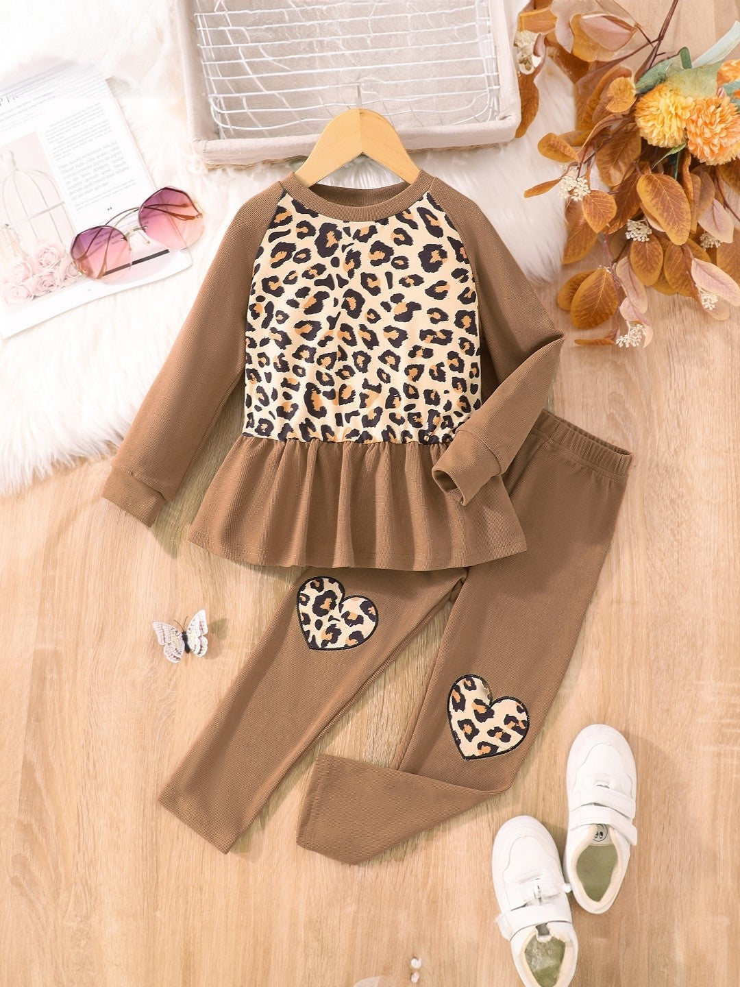 Brown Round Neck Printed Long Sleeves Polyester Top & Trouser Set