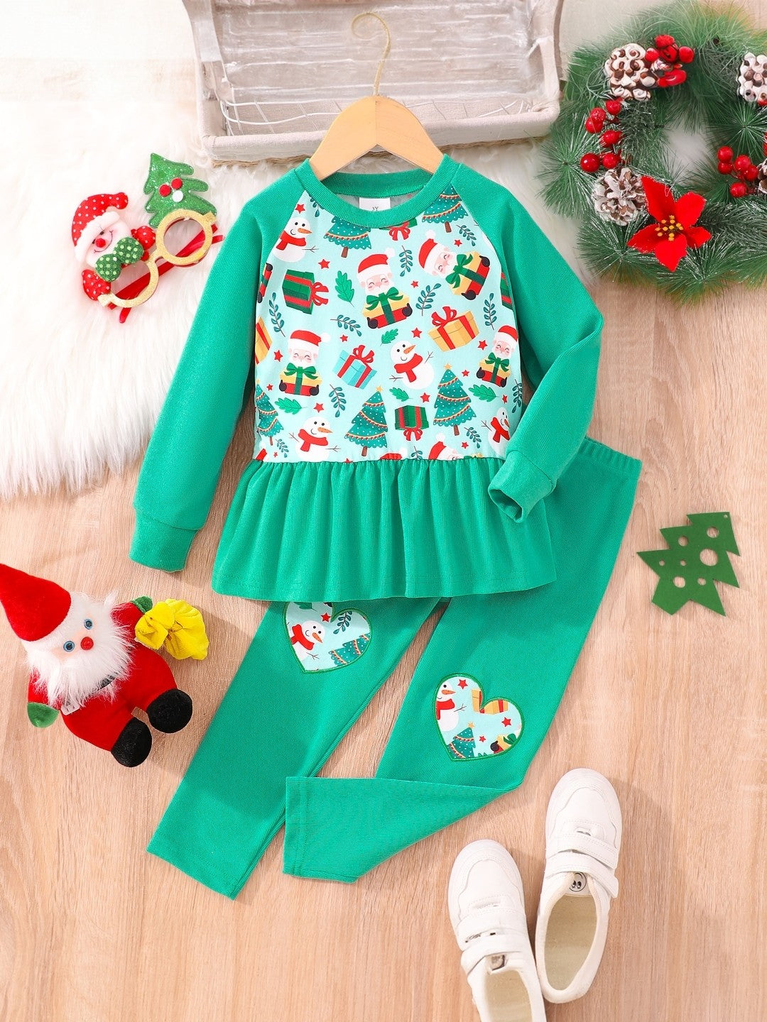 Green Round Neck Printed Long Sleeves Polyester Top & Trouser Set