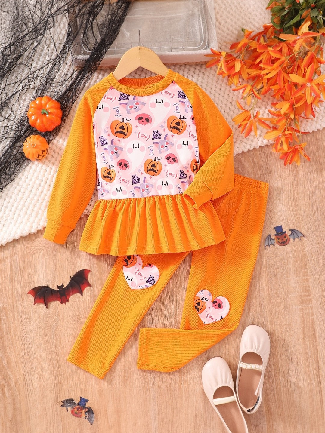 Orange Round Neck Printed Long Sleeves Polyester Top & Trouser Set