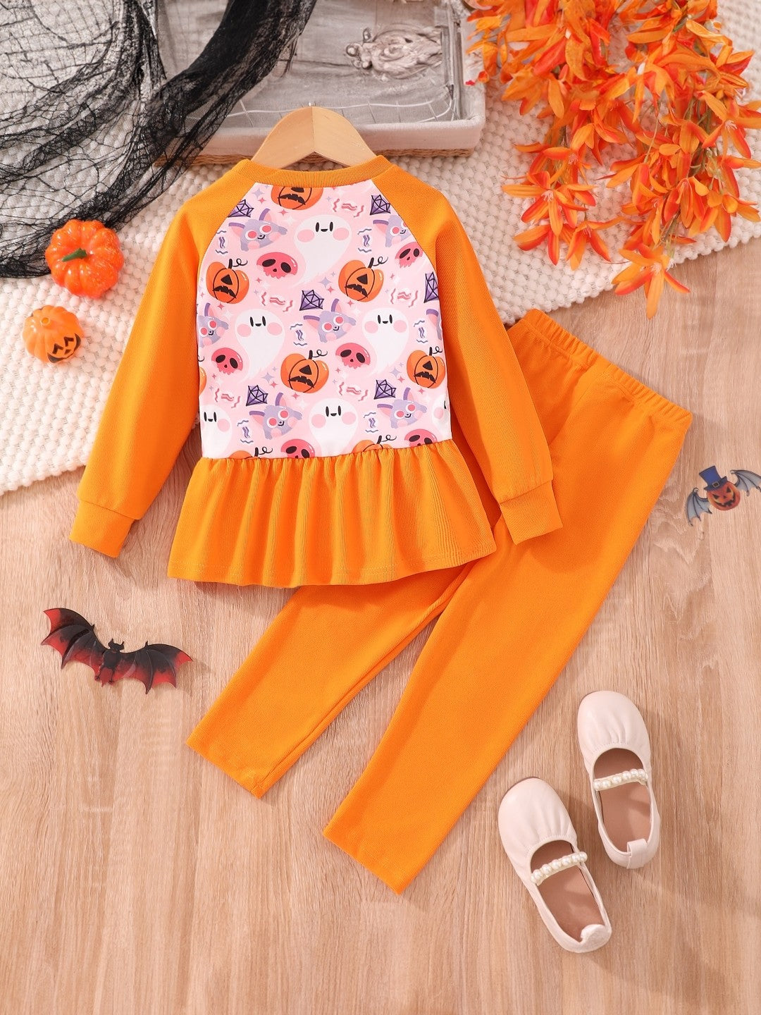 Orange Round Neck Printed Long Sleeves Polyester Top & Trouser Set