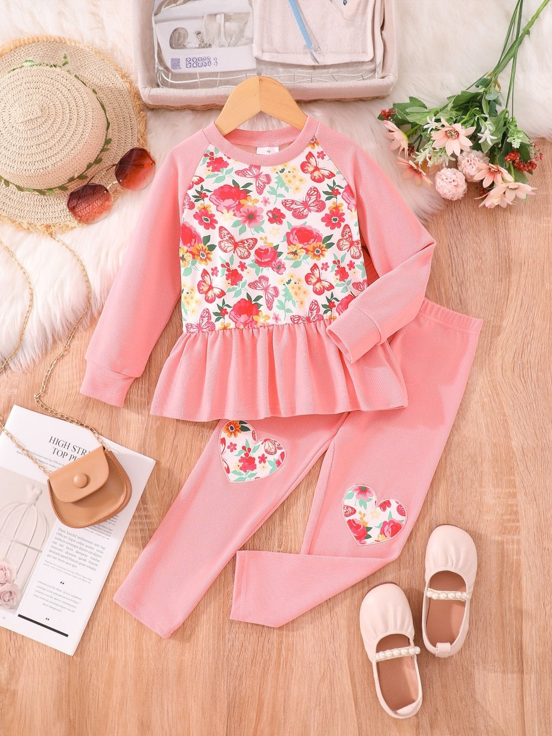 Pink Round Neck Printed Long Sleeves Polyester Top & Trouser Set