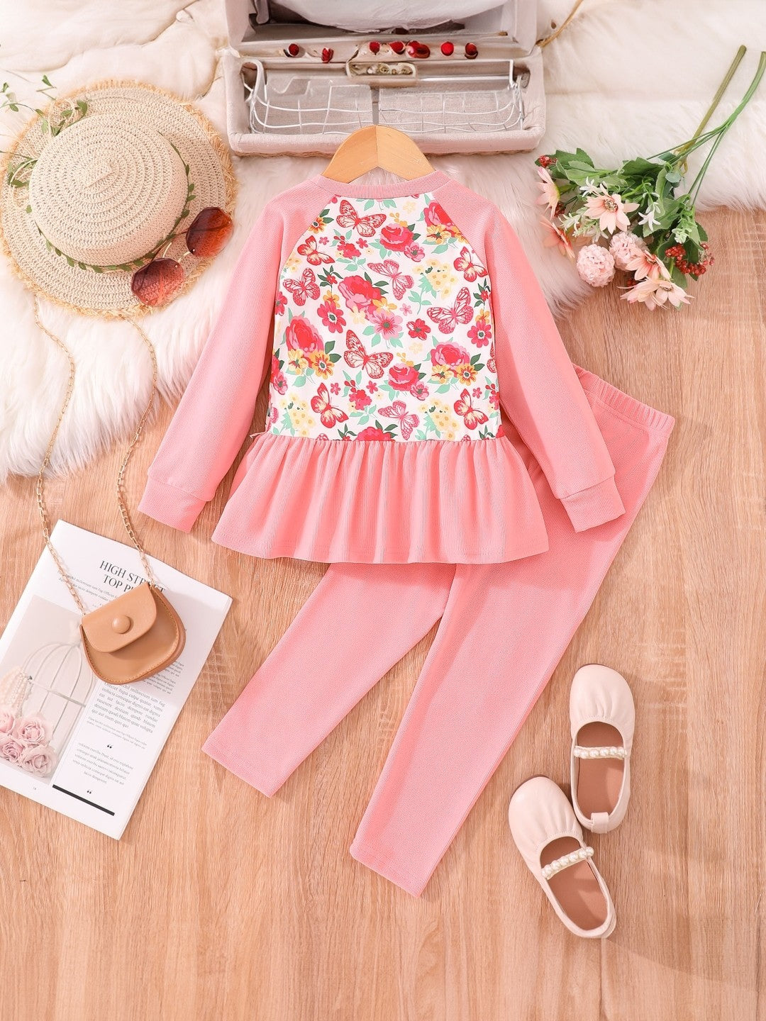 Pink Round Neck Printed Long Sleeves Polyester Top & Trouser Set