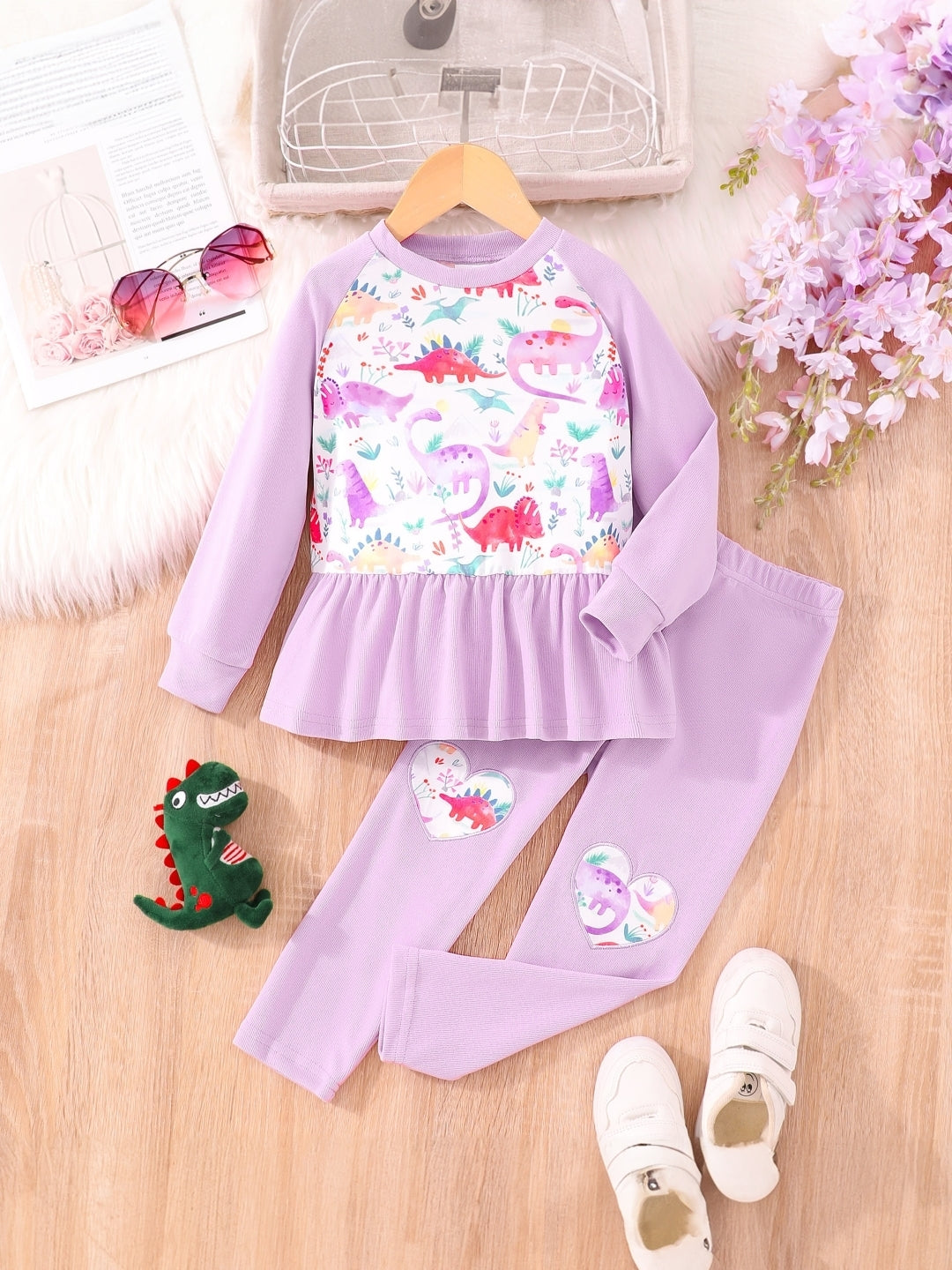 Purple Round Neck Printed Long Sleeves Polyester Top & Trouser Set