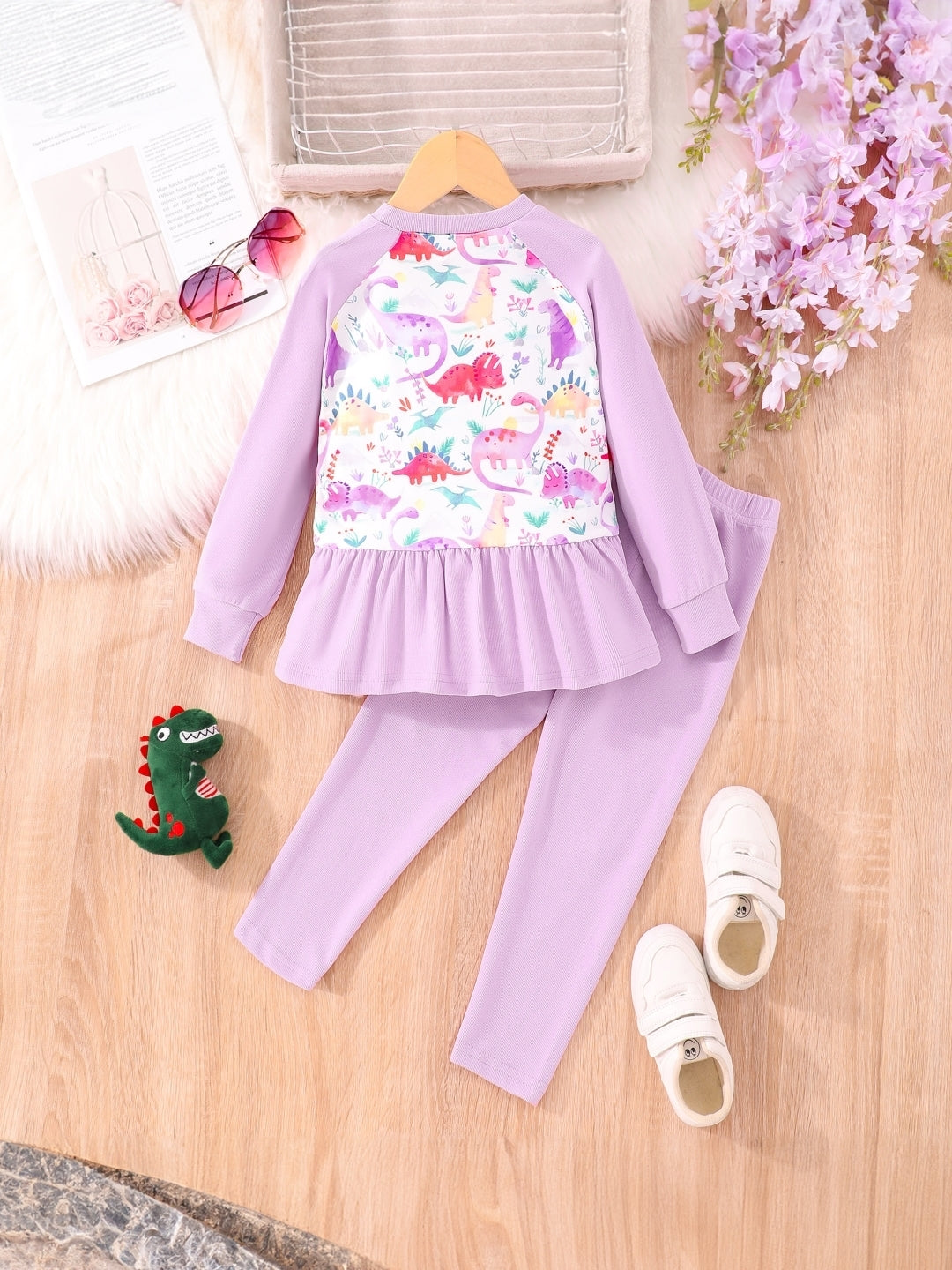 Purple Round Neck Printed Long Sleeves Polyester Top & Trouser Set