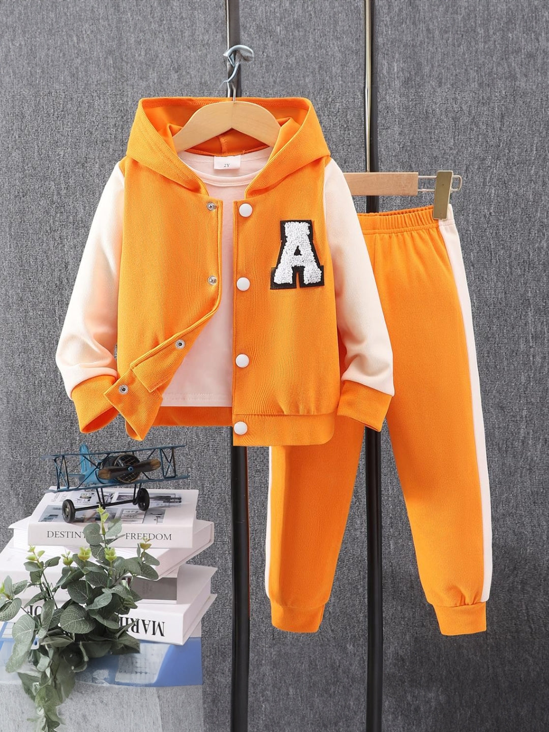 Orange Hood Neck Solid Long Sleeves Polyester Hoodie & Trouser Set