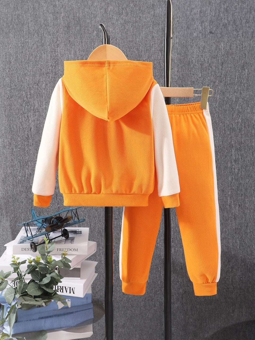 Orange Hood Neck Solid Long Sleeves Polyester Hoodie & Trouser Set