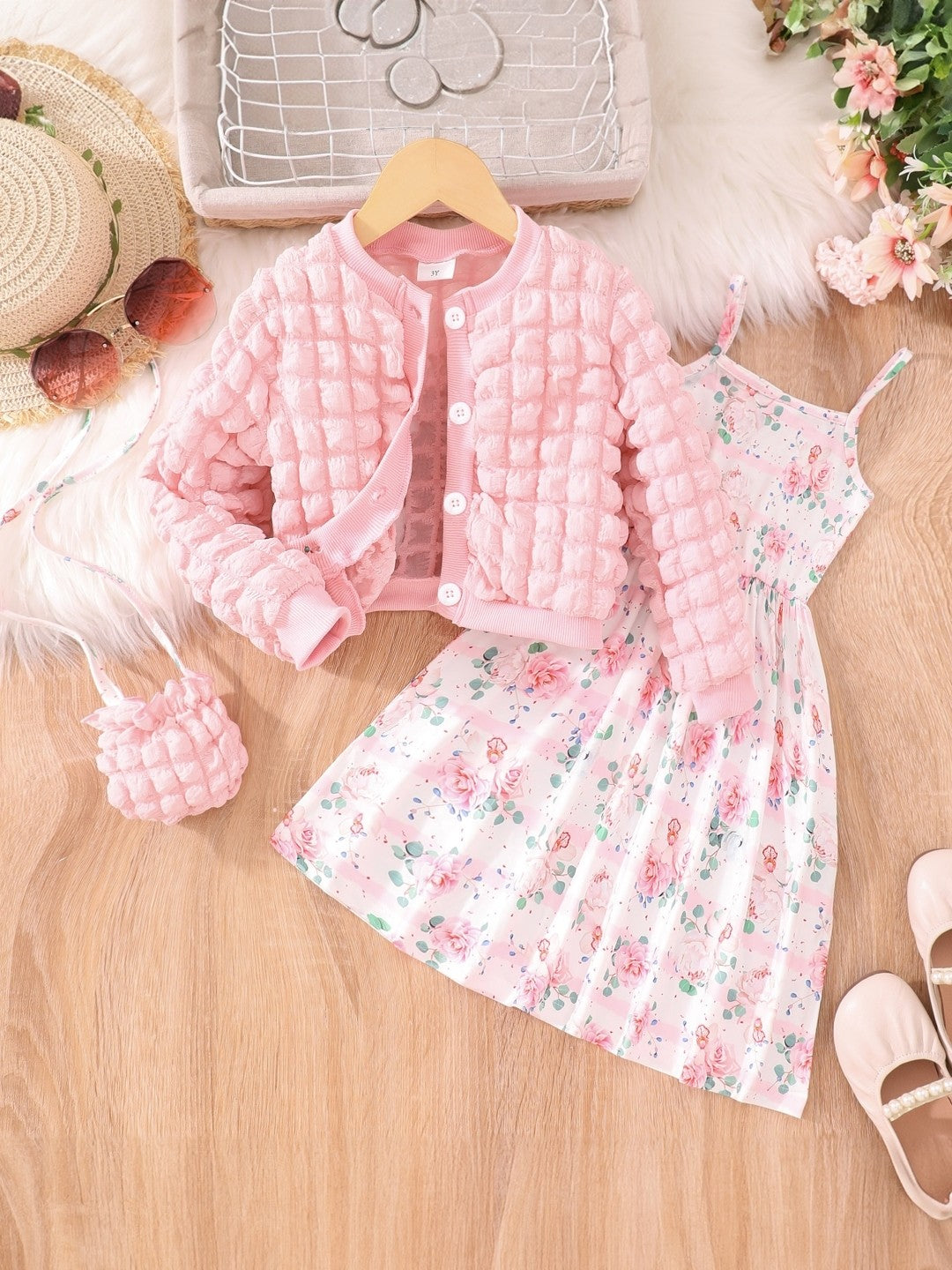 Pink Round Neck Printed Long Sleeves Polyester Dress & Jacket Set