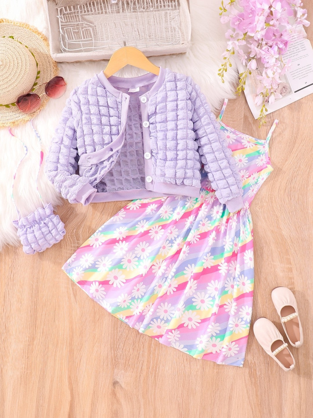 Purple Round Neck Printed Long Sleeves Polyester Dress & Jacket Set