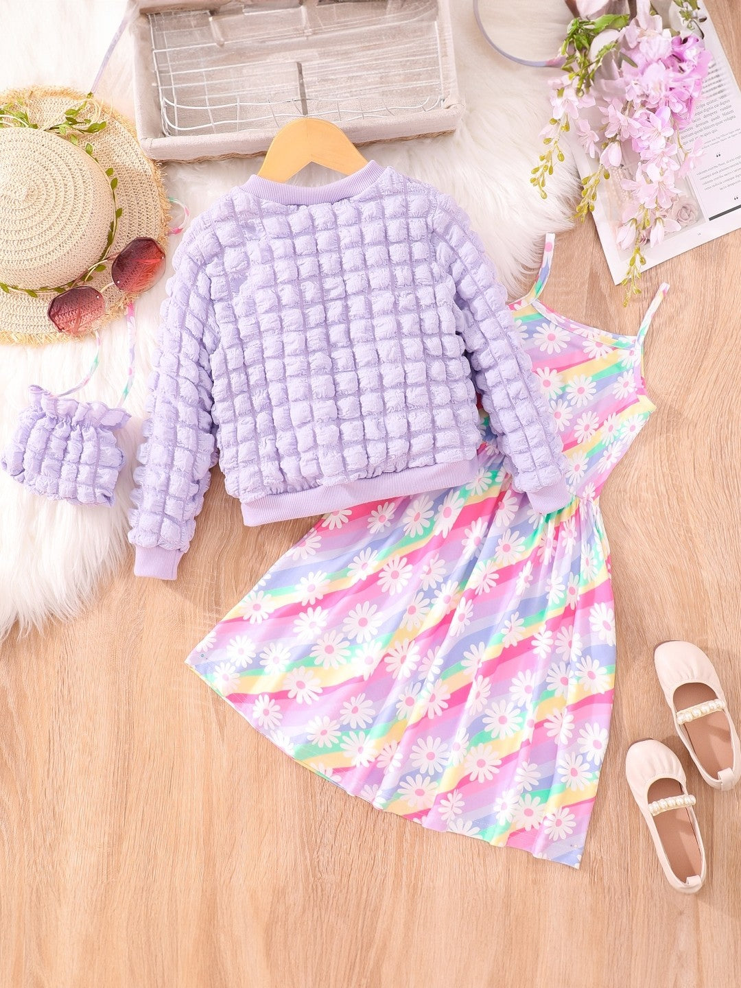 Purple Round Neck Printed Long Sleeves Polyester Dress & Jacket Set