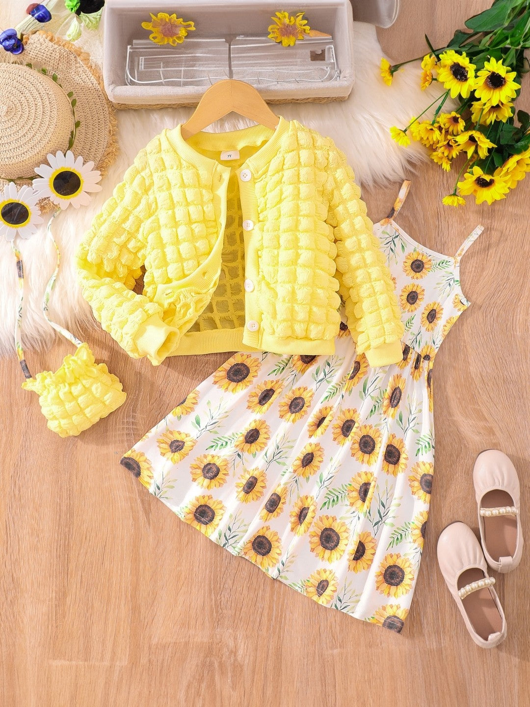 Yellow Round Neck Printed Long Sleeves Polyester Dress & Jacket Set