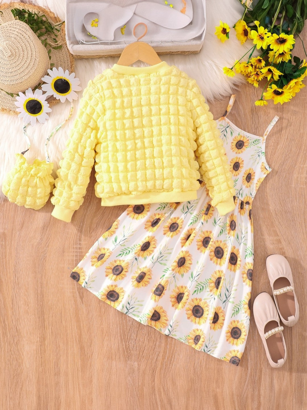 Yellow Round Neck Printed Long Sleeves Polyester Dress & Jacket Set