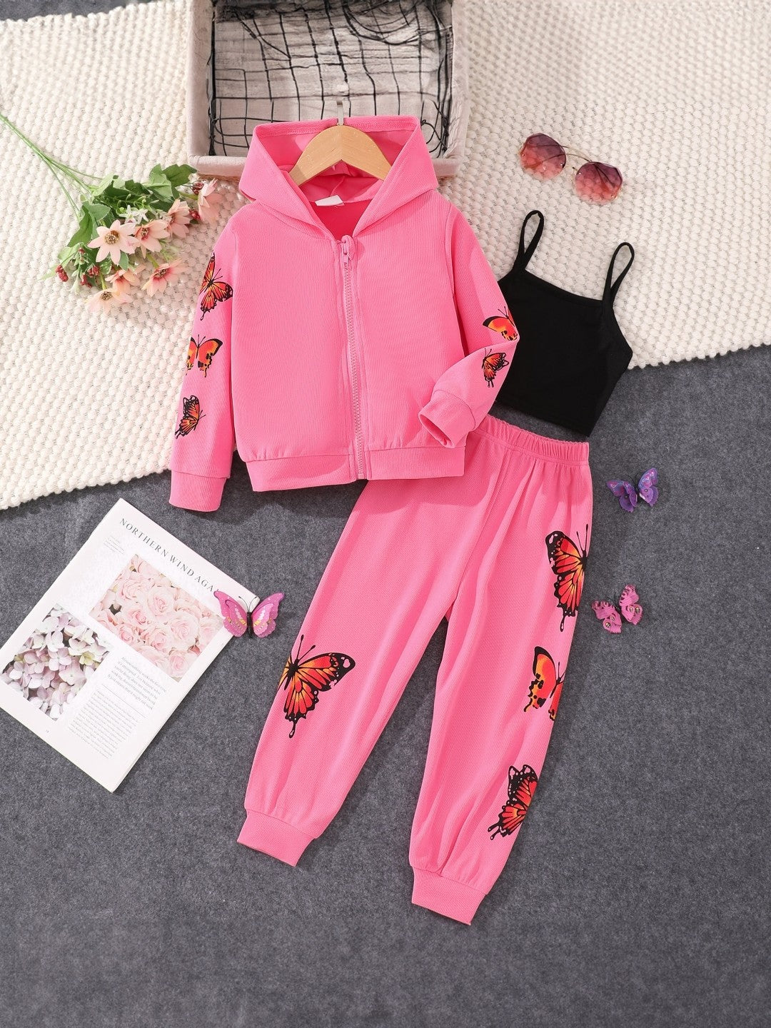 Pink Hood Neck Solid Long Sleeves Polyester Hoodie & Trouser Set