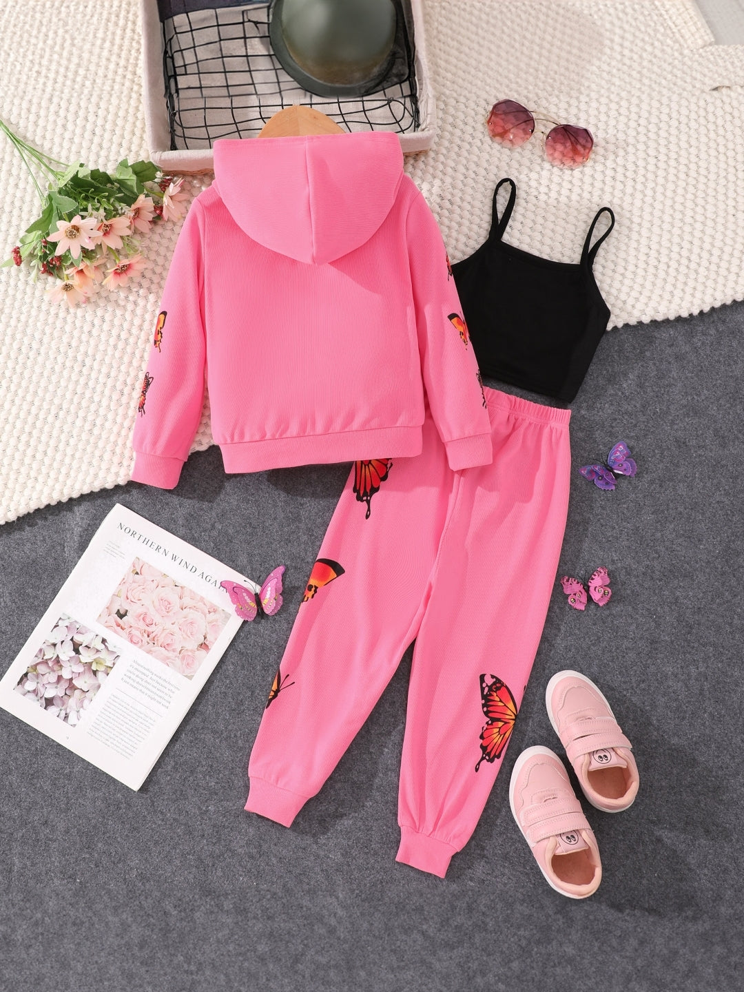 Pink Hood Neck Solid Long Sleeves Polyester Hoodie & Trouser Set