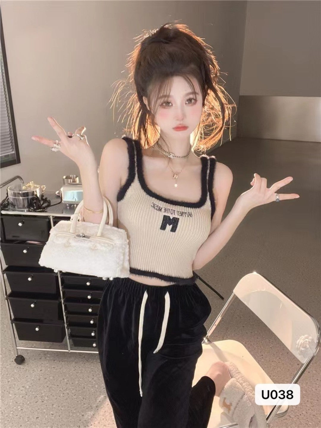 Cream Round Neck Sleeveless Typography Top