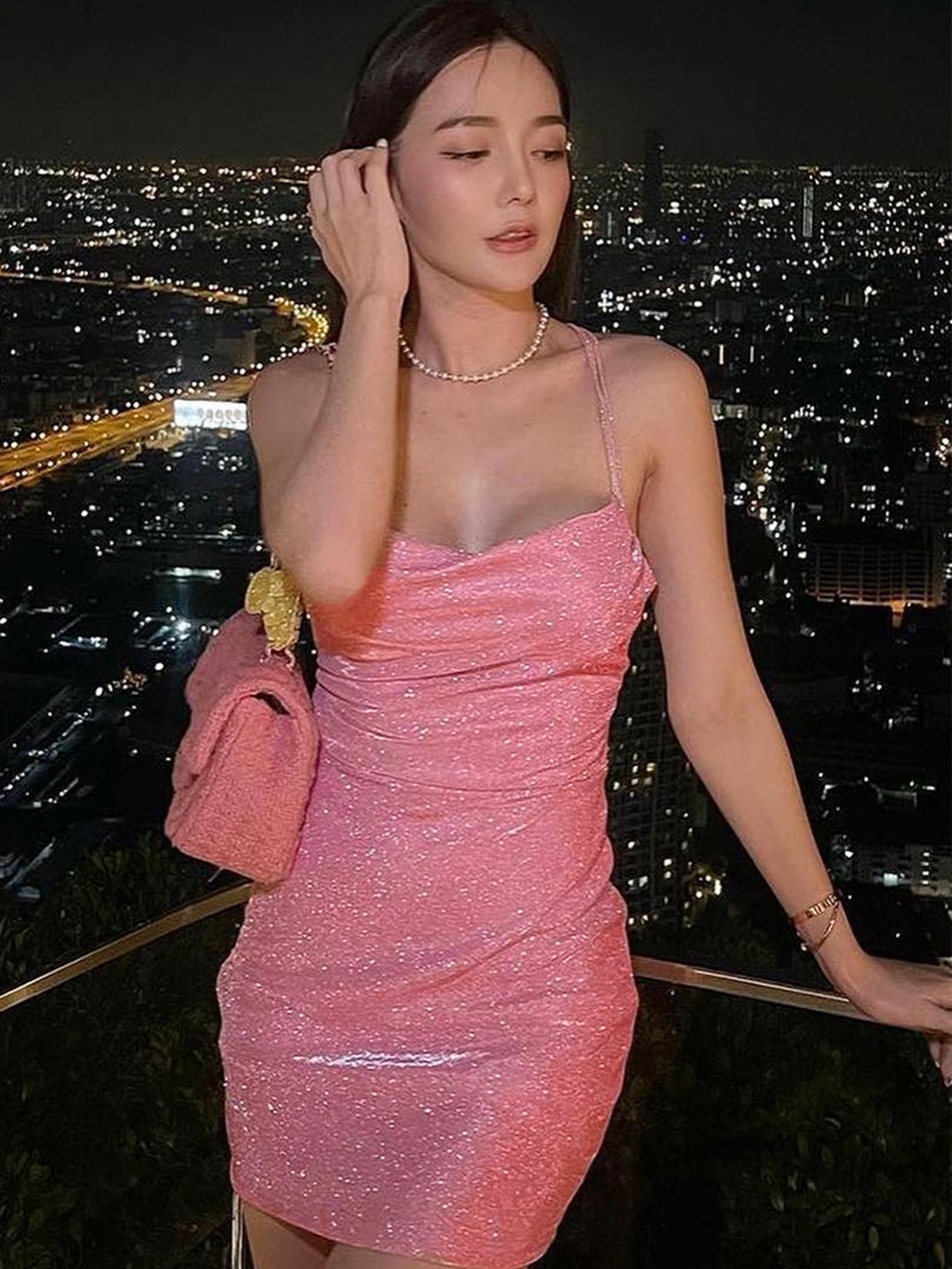 Halter Straps Pink Polyester Dress