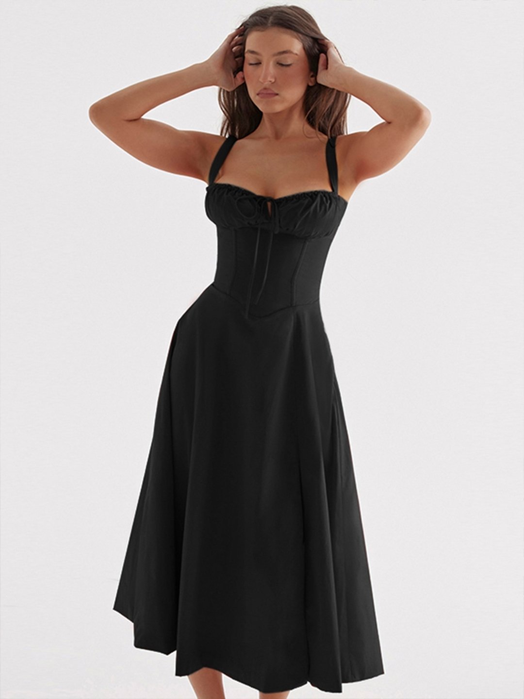 Black Solid French Lace A-Swing Dress