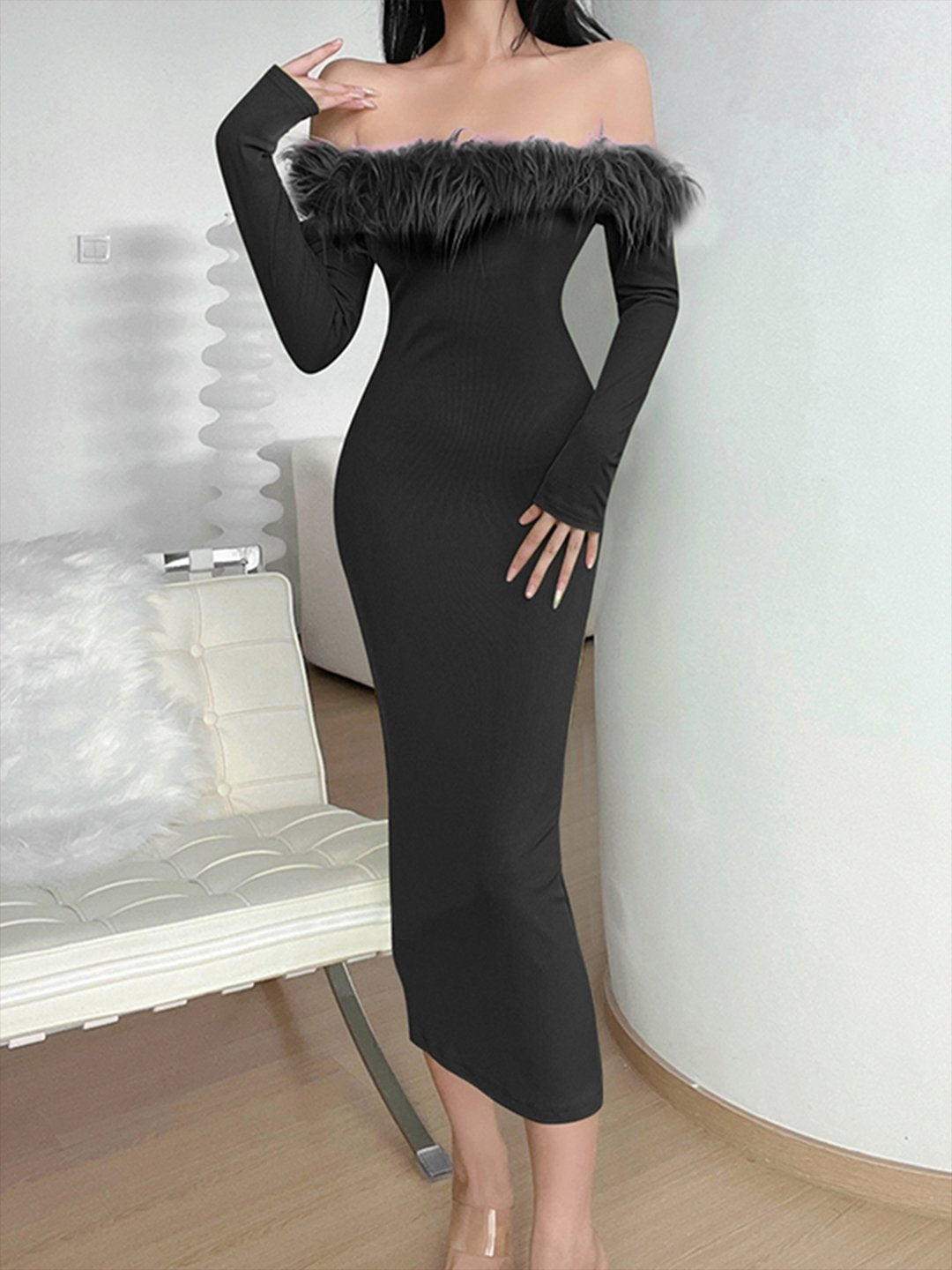 Black Solid Furry Collar Dress