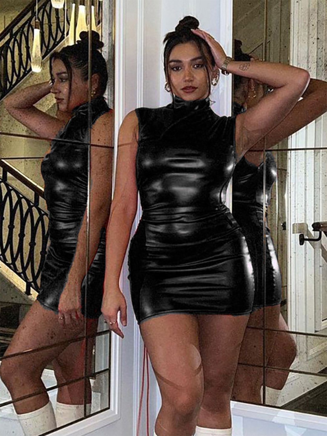 Black High Neck Bodycon Leather Dress