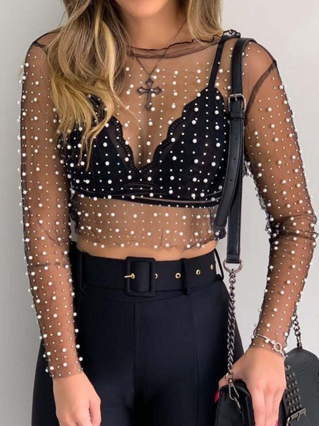 Black Net Beaded Top