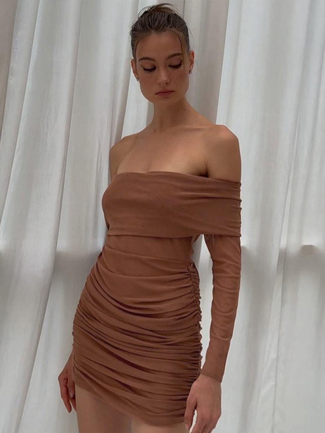 Brown Long Sleeves Pleated Dress