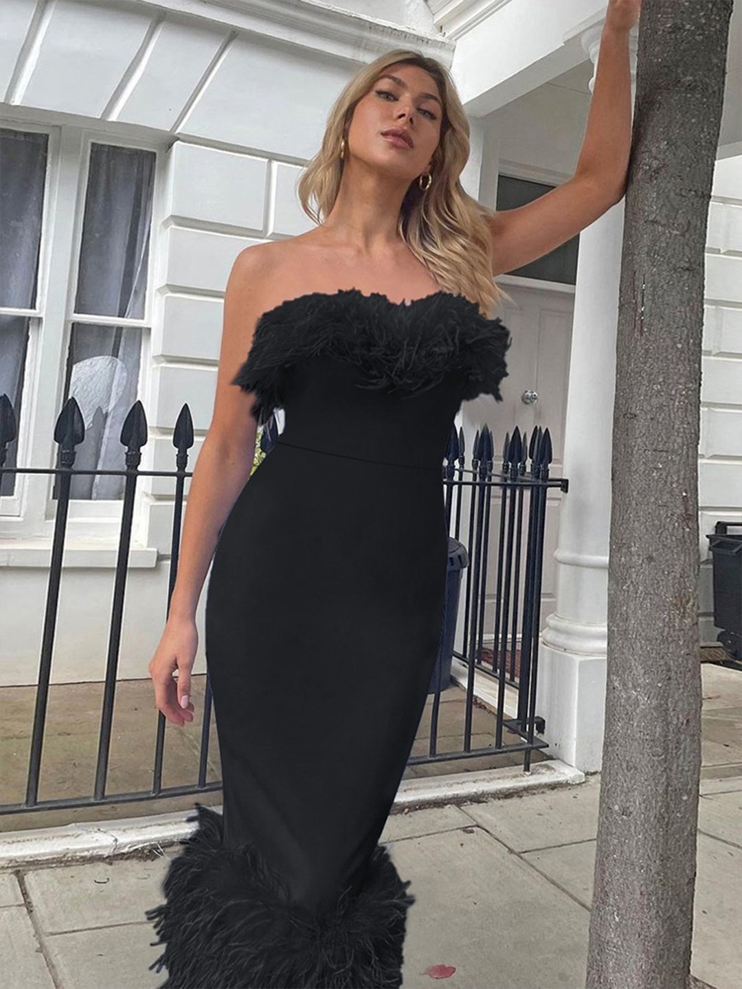 Black Off Shoulder Furry Dress