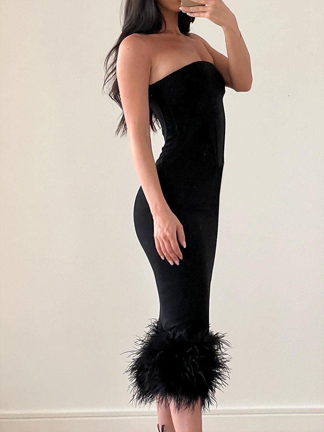 Black Off Shoulder Furry Dress